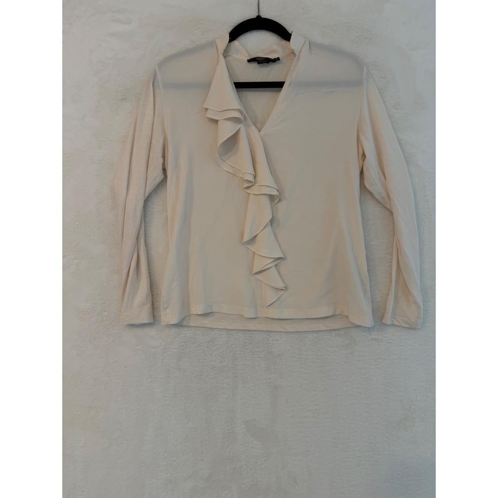 Seventy Venezia Ivory Ruffle V-Neck Long Sleeve Blouse Made‎ in Italy XS